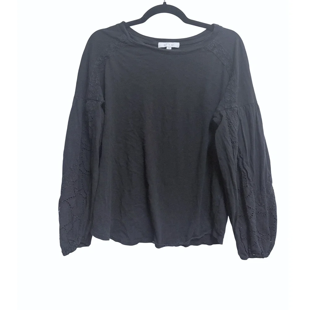 Anthropologie Eri + Ali Shiloh Balloon-Sleeved Top Boho Black Cotton Lace Size M